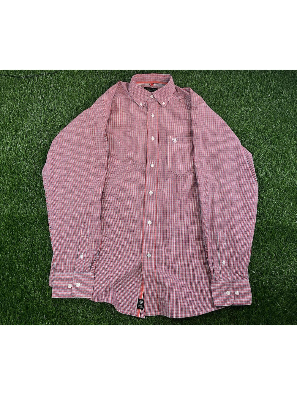 Ariat Pro Series Mens Red & White Gingham Plaid Button Down Shirt Mens Size M